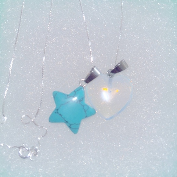 Boho Turquoise Star ⭐️ and Opal Heart ❤️ Sterling Silver 16” Necklace - Picture 4 of 6
